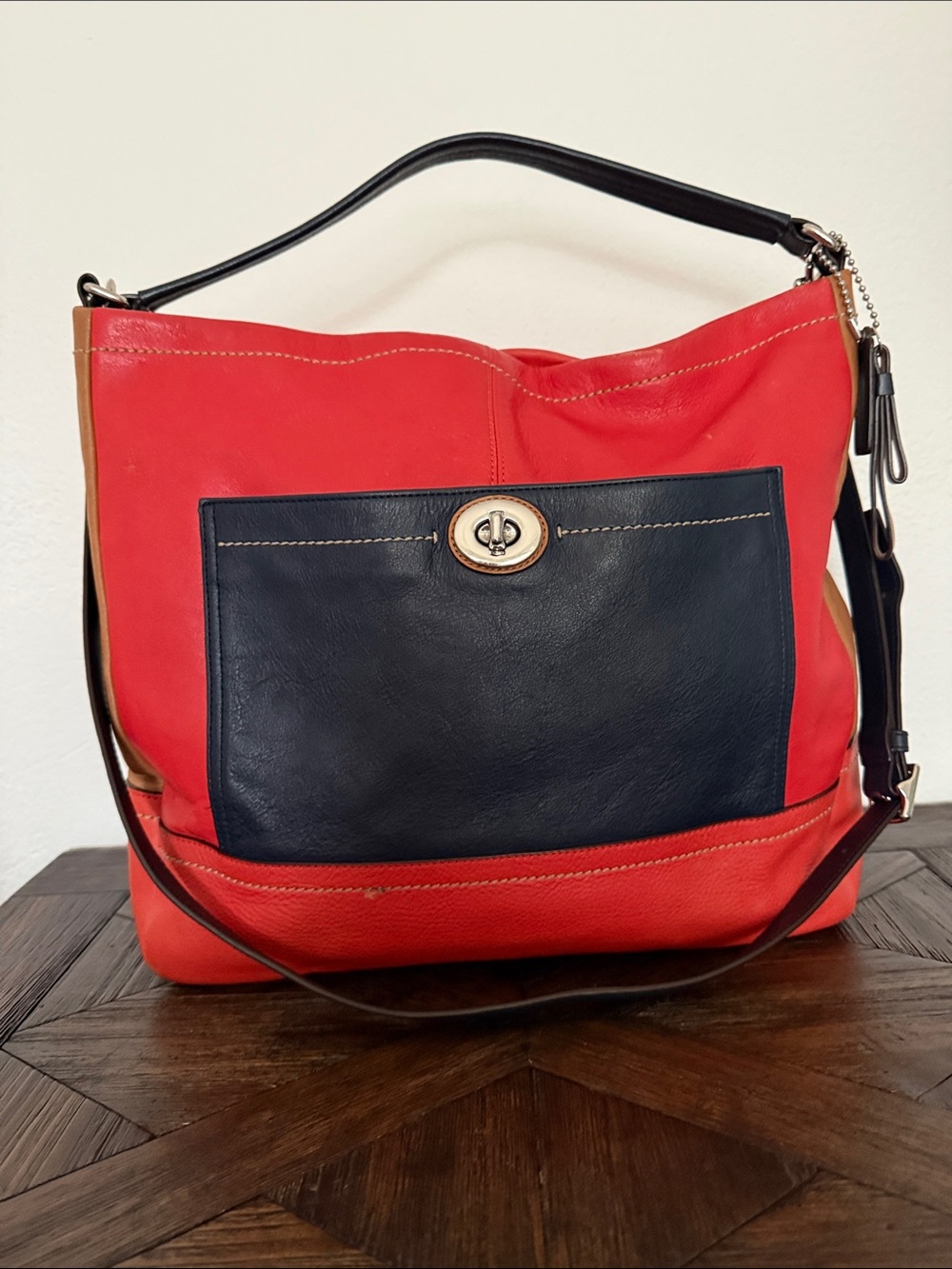 Coach Park Colorblock Leather Hobo Tote – Orange, Blue & Tan